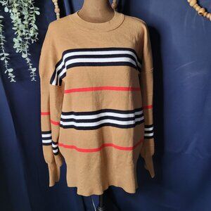 Long Stripped Crewneck Tan Sweater Size Small Oversized, New